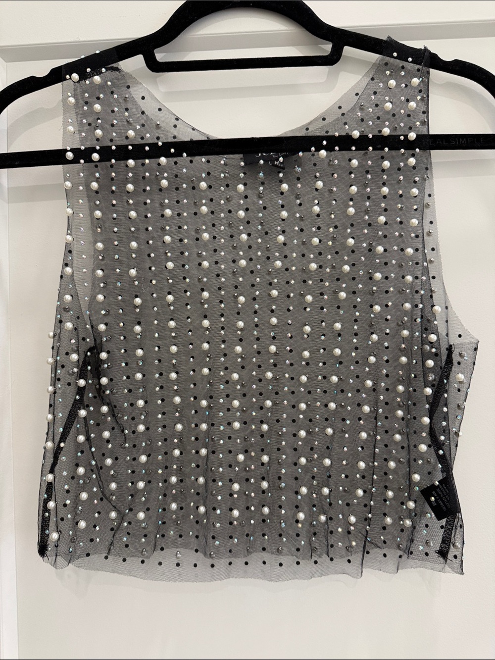 love J Black Sheer Mesh Tank with Pearl & Rhinestone Accents